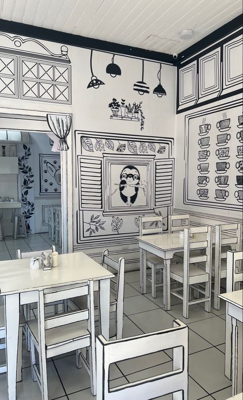 Black And White Cafe Interior, Black White Cafe Interior, Black And White Coffee Shop Interior, 2d Decoration, 2d Cafe Design, Black And White Cafe Aesthetic, Black And White Bakery, Black And White Coffee Shop, Cafe Black And White