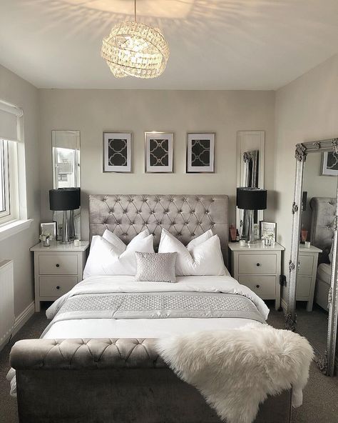 Mirrors behind nightstands Mirrors Behind Nightstand Ideas, Mirror Behind Nightstand, Bedroom Nightstand Decor, White And Silver Bedroom, Mirrored Nightstand Bedroom, Silver Bedroom, Mirrored Bedroom Furniture, Luxury Bedroom Decor, Luxury Bedroom Master