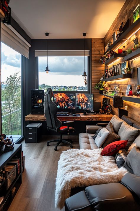 Transform your space with these gaming room interior ideas! Discover ergonomic setups, stylish decor, and immersive designs for the ultimate gaming experience. #GamingRoomInteriorIdeas #ErgonomicGamingSetups #StylishGamingDecor #ImmersiveGamingDesigns #UltimateGamingExperience #ModernGamingRooms #GamingRoomInspiration #FunctionalGamingSpaces #CustomGamingRoom #GamingRoomDecor Gaming Room Setup Playstation, Game Nook Ideas, Interior Design Game Room, Gaming Room With Tv, Apartment Gaming Room, Nintendo Gaming Room, Gaming Room Setup For Couples, Gaming Room With Couch, Mid Century Modern Game Room