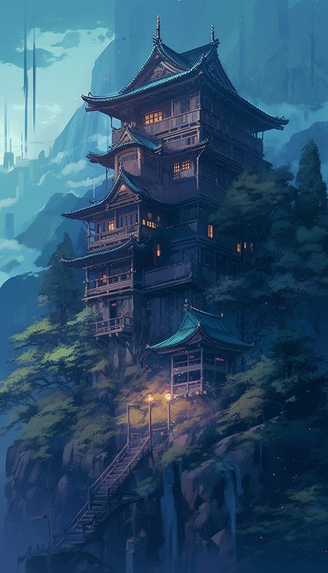 Delve into this mesmerizing illustration of a secluded temple perched on a snow-capped mountain, embraced by an ancient, dense forest. Bask in the dawn's ethereal blue and purple light as it illuminates an ornate gateway, rich with intricate carvings, welcoming you to sacred grounds. Perfect for a mobile wallpaper or background. Chinese Castle Art, Japenese Asthetic Pfp, Japanese Castle Drawing, Japan Fantasy Art, Japanese Castle Art, Samurai Castle, Temple Aesthetic, Temple Wallpaper, Medieval Japanese