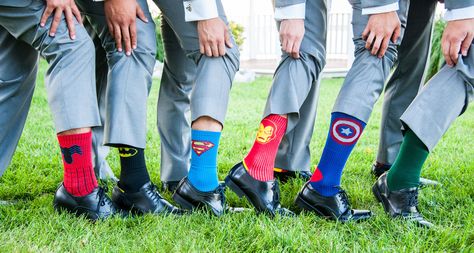 Wedding Photos Groomsmen, Groomsmen Wedding Photos, Marvel Wedding, Superhero Socks, Nerd Wedding, Geeky Wedding, Superhero Wedding, Geek Wedding, Groomsmen Photos