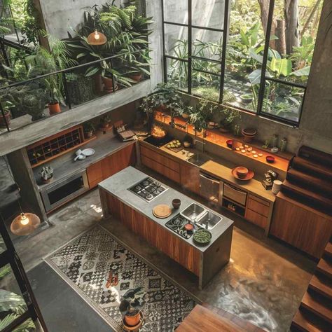 kitchen tropi brutalist Brutalist Kitchen, Brutalist Home, Natural Kitchen Design, Tropical Brutalism, Tropical Kitchen Design, Brutalist House, Brutalist Interior, Tropical Elements, Tropical Kitchen