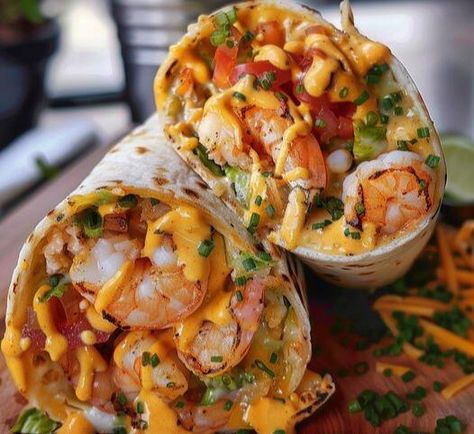 Easy Shrimp Burrito, Old Bay Shrimp Burritos, Seafood Burrito Recipe, Nachos Shrimp, Shrimp Burrito Recipe, Shrimp Burrito Bowl, Shrimp Burritos, Fish Burrito, Shrimp Burrito