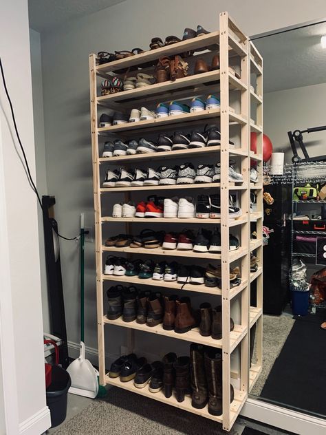 Diy Garage Shoe Storage, Garage Shoe Storage Diy, Garage Shoe Shelves, Shoe Shelve, Shoe Rack Diy, Garage Shoe, Garage Shoe Rack, Garage Shoe Storage, Cottage Build