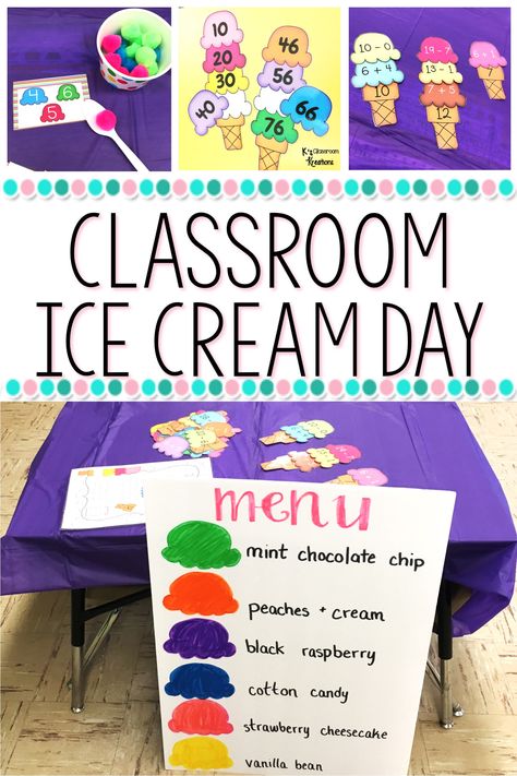 Transform your classroom into an Ice Cream themed adventure all on a teacher's budget! Tons of first grade math ideas for addition, skip counting, and adding three numbers, all with a sweet twist. Plus extend the learning with ideas for reading, writing, science, and dramatic play! Although perfect for end of year themed days, these activities can be used year round. First Grade Theme Days, End Of Year Theme Days Kindergarten, Last Week Of School Theme Days, Classroom Party Themes, End Of Year Activities For First Grade, Theme Days For School, Fun Friday Activities Classroom Ideas, Adding Three Numbers, Fun Classroom Activities