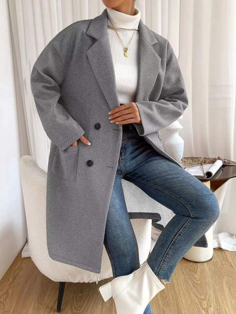 SHEIN EZwear Lapel Neck Drop Shoulder Double Breasted Dual Pocket Overcoat | SHEIN UK Grey Coat Women Outfit, Grey Coats Outfit, Gray Overcoat Outfit Women, Short Grey Coat Outfit, Outfits With Grey Coat, Outfit Manteau Gris, Grey Overcoat Outfit Women, Coat Grey Outfit, Grey Coat Outfits For Women