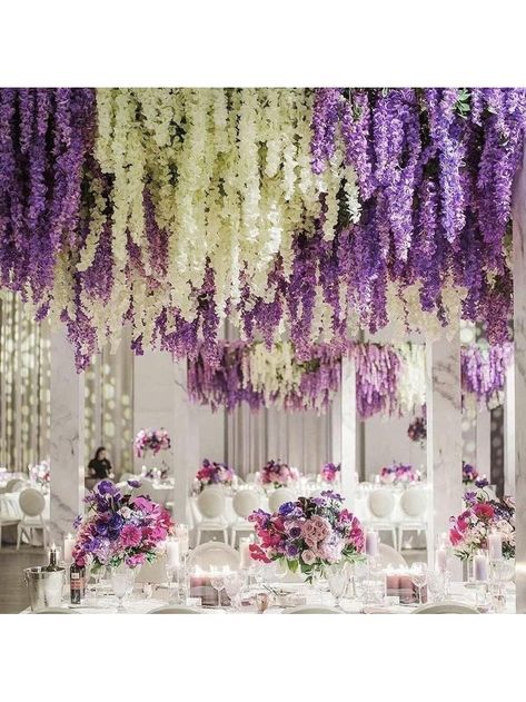 Artificial Wisteria Hanging Flowers Artificial Fake Wisteria Vine Rattan Hanging Garland Flowers String For Wall Home Wedding Party Outdoor Greenery Decorations Purple         Kitchen & Dining, size features are:Bust: ,Length: ,Sleeve Length: Wisteria Hanging From Ceiling, Floral Ceiling Decor, Witchy Room Aesthetic, Greenery Decorations, Cute Fall Backgrounds, Fake Wisteria, Outdoor Greenery, Fall Backgrounds Iphone, Autumn Living Room