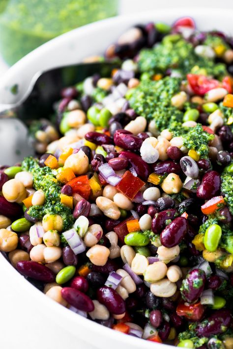 7 Bean Salad with Chimichurri Dressing ~ why should steak get all the perks?  My healthy bean salad takes full advantage of the jolt of flavor from this garlicky herb sauce. #easy #recipe #beans #legumes #salad #healthy #highfiber #glutenfree #vegan #vegetarian #potluck #sidedish 6 Bean Salad Recipes, Legumes Salad, Violet Cooks, Healthy Bean Salad, Vegetarian Potluck, Chimichurri Dressing, Bean Salad Healthy, Bean Salads, Lime Quinoa