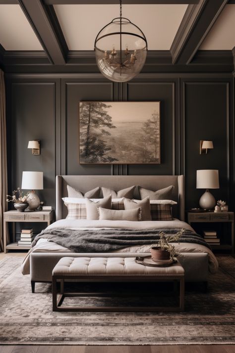 40+ Moody Romantic Bedroom Ideas To Unwind In Moody Romantic Bedroom Ideas, Classic Master Bedrooms Decor, Moody Romantic Bedroom, Romantic Bedroom Design, Romantic Bedroom Ideas, Romantic Bedrooms, Lake House Interior, Bedroom With Sitting Area, Cabin Bedroom