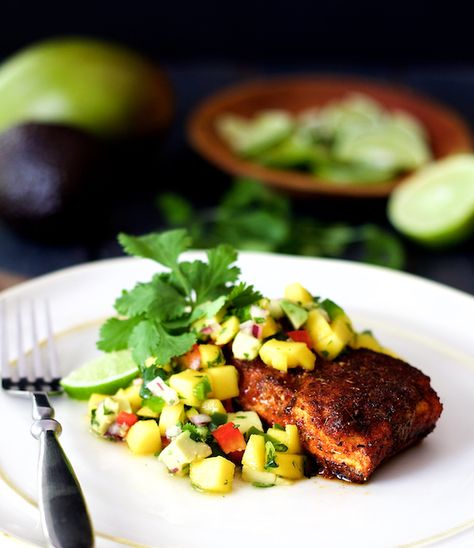 Blackened Halibut with Mango and Avocado Salsa Blackened Halibut, Alaskan Halibut, Mango And Avocado, Grilled Halibut, Halibut Recipes, Mango Avocado, How To Cook Fish, Avocado Salsa, Fish Dinner