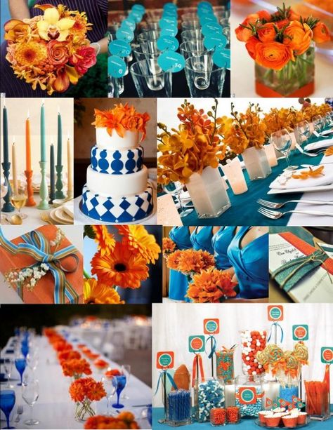 august wedding ideas orange and turquoise | photo credit: 1.bp.blogspot.com Orange And Blue Wedding, Blue Wedding Colour Theme, Blue And Orange Wedding, Blue Orange Weddings, Blue Wedding Decor, Orange Wedding Decorations, Orange Wedding Themes, Unique Wedding Colors, Fiesta Shower