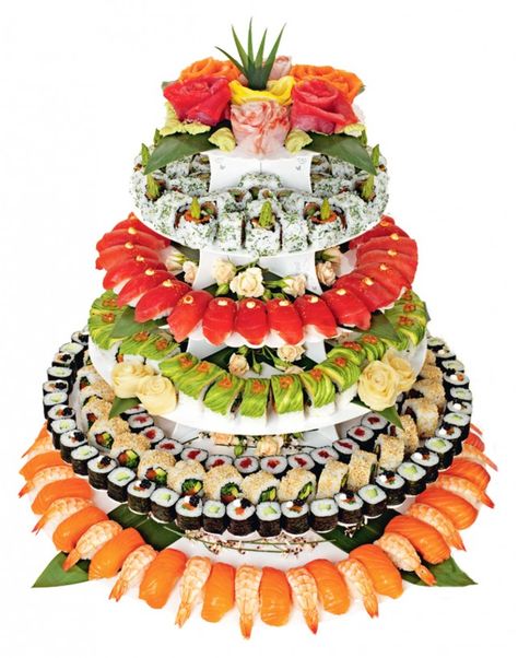 This sushi extravaganza of a wedding cake isn’t playing around. Sushi Wedding, Sushi Catering, Sushi Cake, Wedding Cake Prices, Sushi Love, Sushi Platter, Sushi Party, Sushi Art, Cake Pricing