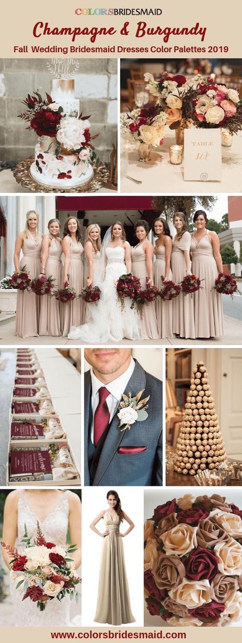 Crimson And Champagne Wedding, Cabernet And Champagne Wedding Colors, Wine Color Wedding, Fall Wedding Bridesmaid Dresses, Champagne Colored Bridesmaid Dresses, Bridesmaid Dresses Color Palette, Fall Wedding Bridesmaids, Gold Wedding Colors, Fall Bridesmaid Dresses