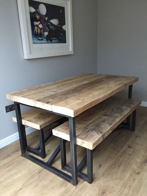 White Dining Room Table, Meja Industrial, Modern Dining Bench, Wood Dining Room Table, Farmhouse Dining Room Table, Reclaimed Wood Dining Table, Wood Dining Room, Esstisch Modern, White Dining Room