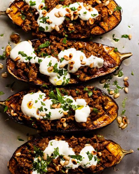 Easy Moroccan Stuffed Eggplant (beef or lamb) Stuffed Eggplant, Pumpkin Salad, Recipetin Eats, Recipe Tin, Baked Eggplant, Roast Eggplant, Lean Beef, Eggplant Recipes, Crushed Tomatoes