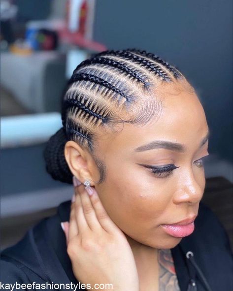 30 Best All Back Hairstyles With Attachment for Ladies - Kaybee Fashion Styles Flat Cornrow Hairstyles, 8 Lines Cornrows, Cornrows To The Back For Black Women, Conroll Styles For Women, Feed In Braids On Short Hair, Conrows Lines With Braids, Feeding Cornrows Braids, Simple Conrow Ideas, Simple Conrow Braids