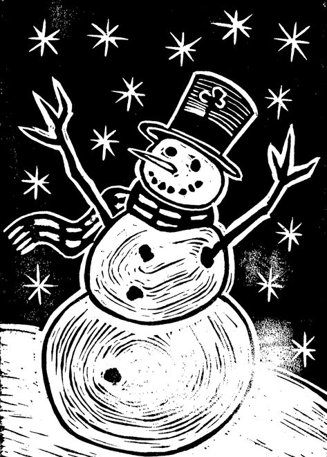 Let it Snow man. Christmas Card Linocut 4x6 Linocut Cards Handmade, Christmas Print Making, Christmas Tree Linocut, Christmas Linoleum Prints, Linoleum Print Ideas Christmas, Christmas Linocut Prints, Snow Linocut, Snow Man Illustration, Lino Cut Christmas Cards