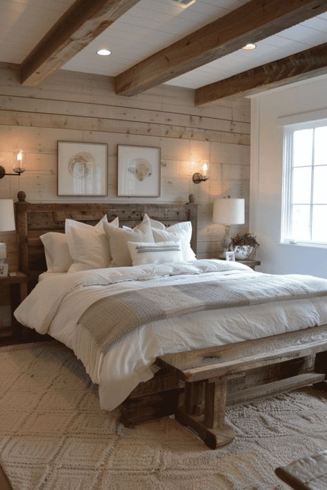 modern wood bedroom in farmhouse style Bedroom With Exposed Beams, Farmhouse Bedroom Wood Wall, Modern Farmhouse Aesthetic Bedroom, Country Inspired Bedroom, Bedroom Ideas Country Style, Farm Homes Country Bedroom, Farmhouse Modern Bedroom Ideas, Modern Farmhouse Interior Bedroom, Mountain Style Bedroom