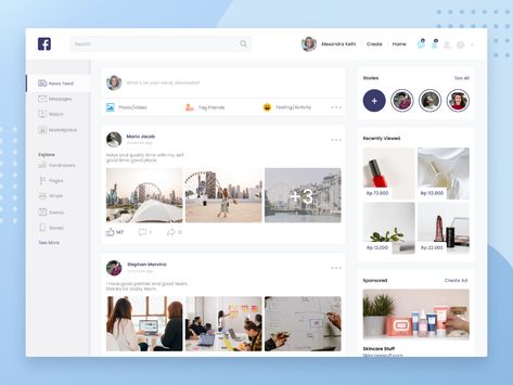 Facebook Redesign by Nisrina Thifal Khairunnisa on Dribbble Facebook Redesign, Web Development Logo, Social App Design, Ui Design Principles, Ui Design Mobile, Ui Design Dashboard, Website Design Wordpress, Ui Design Website, Business Website Design