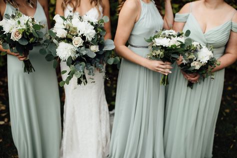 Pale green bridesmaids dresses. Celadon green. Fall wedding Celadon Green Bridesmaid Dresses, Celadon Green Wedding, Pale Green Bridesmaid Dresses, Celadon Wedding, Pale Green Wedding, Green Fall Wedding, Spring Bridesmaids, Green Fall Weddings, Green Bridesmaids Dresses