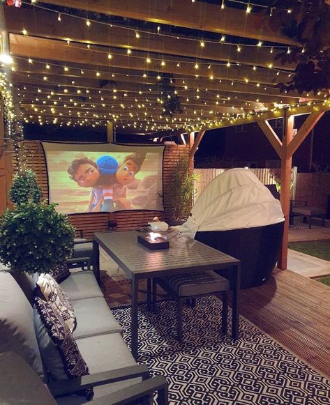 Hangout Backyard Ideas, Matching Living Room And Dining Room, Under Deck Hangout, Small Yard Bbq Area, Small Backyard Deck Ideas On A Budget, Pergola With Projector Screen, Small Backyard Tv Ideas Patio, Small Backyard Hangout Ideas, Tv Patio Ideas Outdoor