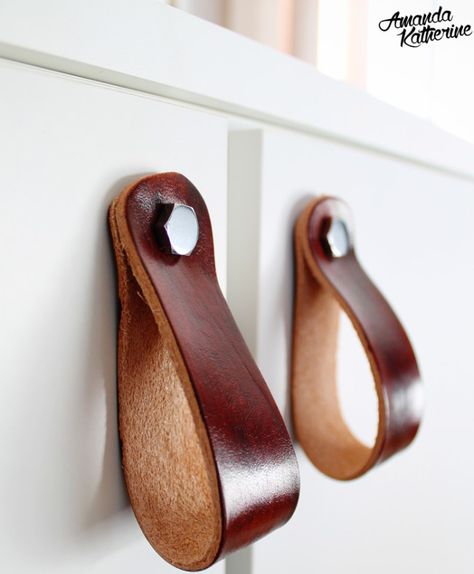 DIY Leather Pulls To Accentuate Your Furniture Diy Leather Drawer Pulls, Diy Leather Pulls, Ikea Dressers, Leather Accessories Diy, Ikea Vanity, Leather Drawer, Diy En Cuir, Leather Drawer Pulls, Nursery Dresser