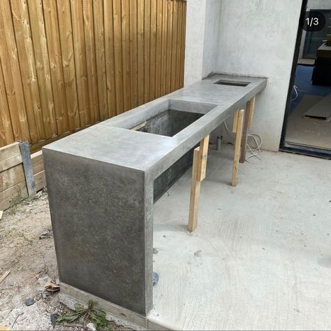 Concrete Bbq Area, Concrete Bbq, Concrete Outdoor Kitchen, Outdoor Kitchen Design Layout Grill Area, Epoxy Countertops, Outdoor Kitchen Design Modern, Outdoor Bbq Area, Outdoor Barbeque, Kitchen Design Layout