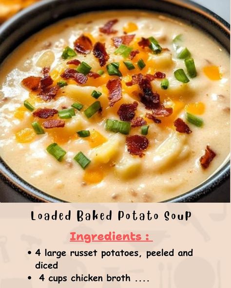 Ingredients: 4 large russet potatoes, peeled and diced 4 cups chicken broth 1 cup milk... Russet Potato Recipes, Loaded Baked Potato Soup Recipe, Homemade Potato Soup, Baked Potato Soup Recipe, Loaded Potato Soup, Loaded Baked Potato, Loaded Baked Potato Soup, Homemade Soup Recipe, Baked Potato Soup