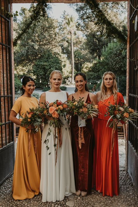 Bridesmaid Dresses in Orange Tones for Outdoor Wedding