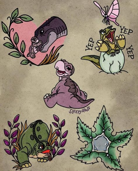 Land Before Time Tattoo, Little Foot Tattoos, Traditional Flash Sheet, Time Tattoo Ideas, Jurassic Park Tattoo, Mama Tattoo, The Land Before Time, Traditional Tattoo Inspiration, Dinosaur Tattoos