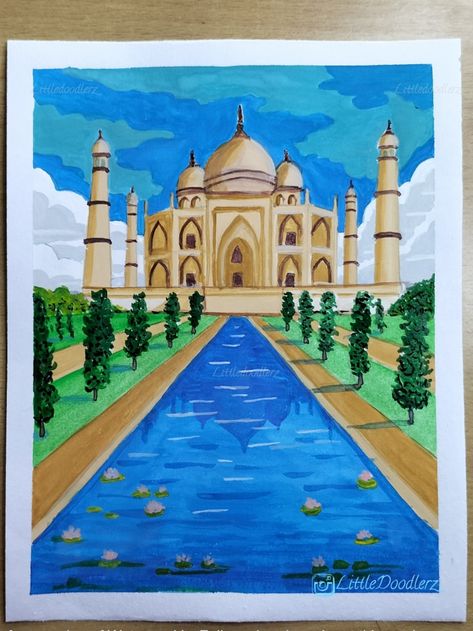 Drawing Of Monuments, Taj Mahal Painting Easy, My Favourite Monument Drawing, Monuments Of India Drawing, Taj Mahal Drawing Watercolor, Indian Monuments Paintings, Indian Monuments Drawings, Taj Mahal Painting, Taj Mahal Drawing