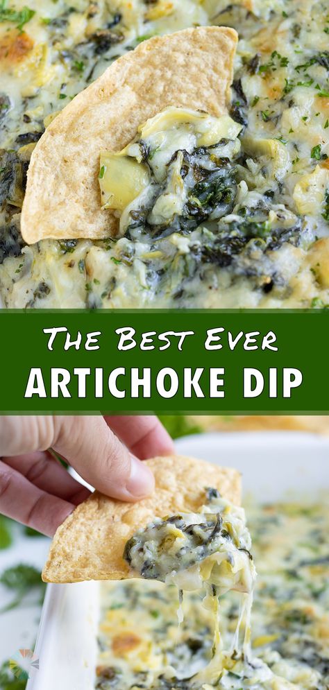 Hot Spinach Artichoke Dip is the recipe you need at your next party! Sautéed spinach is mixed with artichoke hearts, mozzarella cheese, cream cheese, and Parmesan, then baked in the oven until bubbling. You can also cook and serve in a slow cooker for an easy holiday or Super Bowl appetizer! Spinach Artichoke Dip Recipe Easy, Fresh Spinach Dip, Bread Chips, Spinach Artichoke Dip Easy, Baked Spinach Artichoke Dip, Spinach Artichoke Dip Recipe, Spinach And Artichoke Dip, Cheesy Spinach, Artichoke Dip Recipe