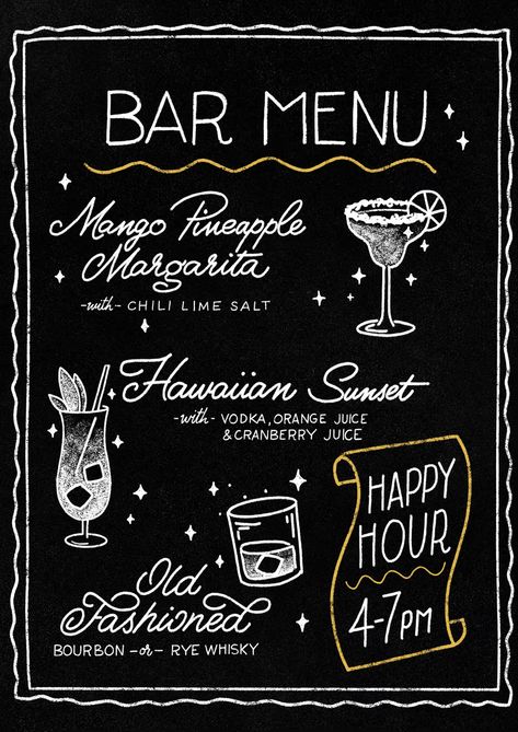 Create Your Own Chalkboard Cocktail Menu | Skillshare Student Project Cocktail Chalkboard Sign, Blackboard Menu Ideas, Chalkboard Drink Menu Board, Drink Menu Board Design, Chalkboard Menu Art, Cocktail Chalkboard Art, Specials Board Restaurant, Menu Chalkboard Art, Drinks Menu Board