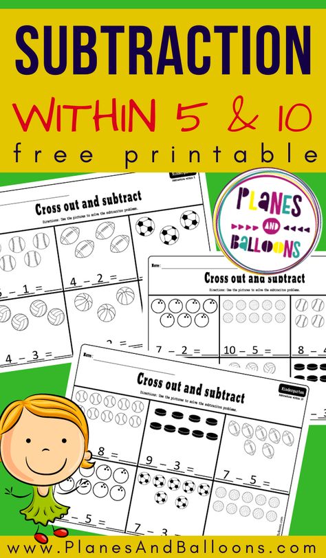 Free subtraction kindergarten printables activities - perfect for introducing subtraction in kindergarten math. #kindergarten #math #planesandballoons Introducing Subtraction, Subtraction Games Kindergarten, Opinion Writing Kindergarten, Kindergarten Numbers, Kindergarten Math Curriculum, Subtraction Within 10, Kids Olympics, Subtraction Kindergarten, Math Kindergarten