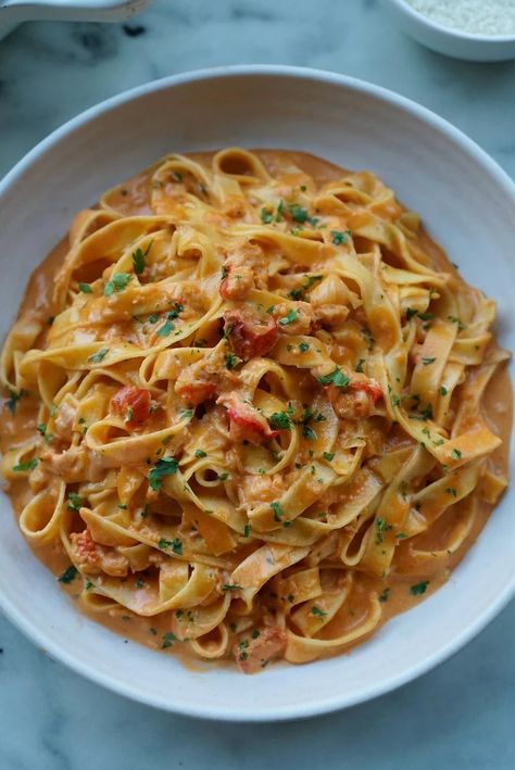 Creamy Tomato Lobster Fettuccine Lobster Fettucine Recipe, Lobster Pasta, Lobster Meat, Mediterranean Cuisine, Parmigiano Reggiano, Salted Butter, Beautiful Food, Simple Ingredient, Good Eats