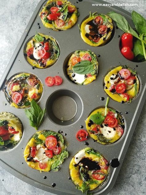 Quick and Easy Grab-and-Go Caprese Breakfast Egg Cups Caprese Breakfast, Breakfast Egg Cups, Baked Frittata, Egg Cups Breakfast, High Protein Meal Prep, Healthy Lunch Meal Prep, Easy Healthy Meal Prep, Low Carb Baking, Breakfast Cups