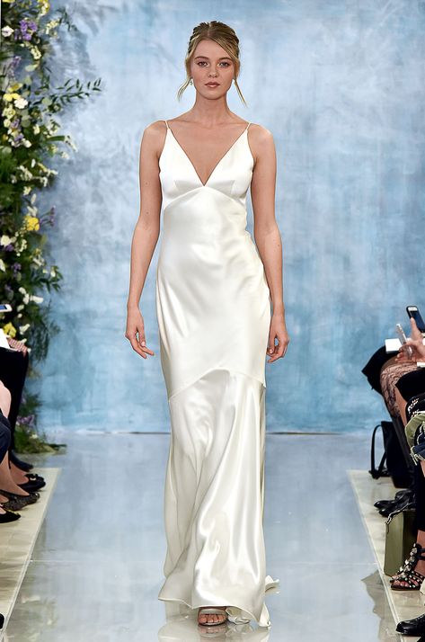 Theia slip-style dress Style A Slip Dress, How To Style A Slip Dress, Theia Bridal, Theia Dresses, Jeans Wedding, Wedding Gown Inspiration, Satin Fashion, Dress For Fall, Stylish Wedding Dresses