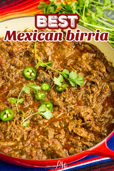 This traditional Mexican recipe is made with a beef chuck roast. It's simmered in peppers and seasonings until the meat is tender and flavorful. It has a robust flavor that isn't hot. Birria Tacos Dutch Oven, Dutch Oven Tacos, Dutch Oven Birria, Chuck Roast Tacos Dutch Oven, Birria Dutch Oven, Chuck Roast Crock Pot Recipes Mexican, Chuck Roast Birria, Birria Recipe Mexican Authentic, Chuck Roast Dutch Oven