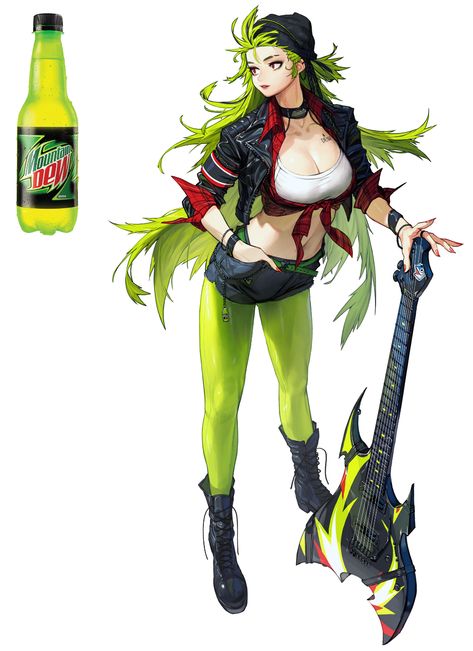 Arte Punk, 캐릭터 드로잉, Mountain Dew, Korean Artist, 영감을 주는 캐릭터, Female Character Design, Green Hair, Fantasy Character Design, Character Drawing