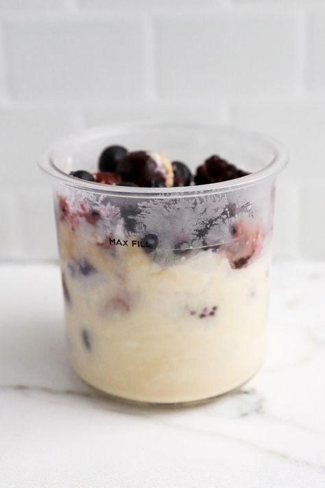 Front facing view of ninja creami pint with berries and protein powder. Ninja Cream Smoothie Bowl, Ninja Smoothie Bowl Recipes, Ninja Creami Breakfast Recipes, Ninja Creami Smoothie Bowls, Ninja Creami Smoothie, Smoothie Bowl Protein, Ninja Smoothies, Berry Smoothie Bowl, Creami Recipes