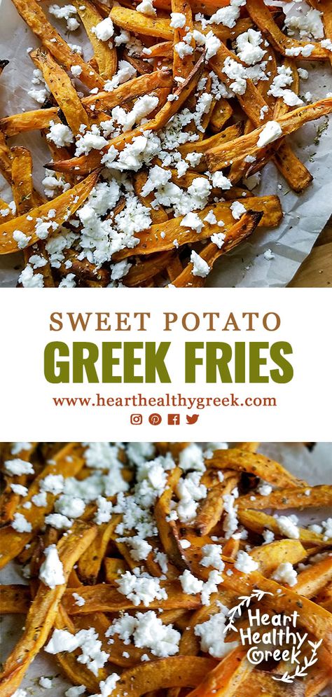 Baked Sweet Potato Fries, smothered in feta cheese and oregano are just the right amount of sweet and salty. The perfect healthy game day snack! Greek Sweet Potato Fries, Greek Sweet Potato, Mediterranean Sweet Potatoes, Healthy Greek Recipes, Greek Fries, Frozen Sweet Potato Fries, Potatoe Recipes, Freeze Sweet Potatoes, Mediterranean Foods