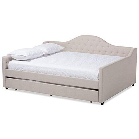 Baxton Studio Eliza Modern and Contemporary Light Beige Fabric Upholstered Queen Size Daybed with Trundle Full Daybed With Trundle, Queen Daybed, Platform Daybed, Full Daybed, Full Size Daybed, Daybed Bedding, Contemporary Light, Curved Headboard, Upholstered Daybed