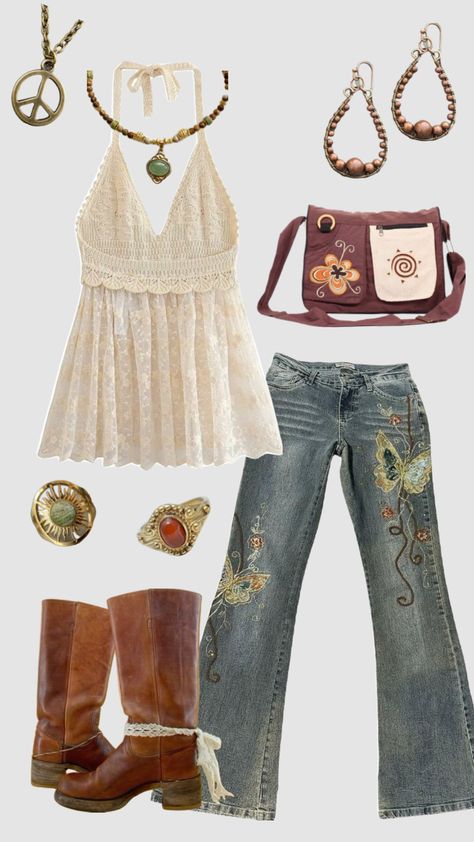 Boho 70s outfit #outfitinspo #vintage #boho #70s #70sfashion 70s Aesthetic Women, 2000s Boho Fashion, Office Boho Outfit, Girly Boho Outfits, 70s Fall Outfits, 70s Skirt Outfit, 70s Summer Outfits, 70s Hippie Outfits, Summer Hippie Outfits