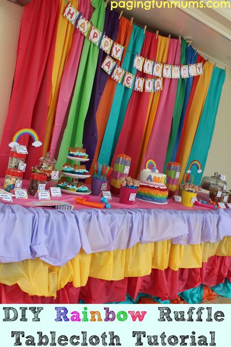 Rainbow Ruffle Ruffle Tablecloth, Uno Party, Coco Party, Ruffled Tablecloth, 83rd Birthday, Taco Twosday, Chili Cookoff, Diy Ruffle, Pie Party