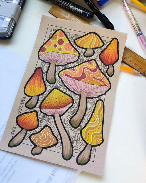 Mushroom Marker Art, Mushroom Marker Drawing, Mushrooms Drawing Colorful, Colored Pencil Mushroom, Marker Drawing Ideas, Alcohol Markers Mushroom, Marker Art Trippy, Mushroom Drawings, Mushroom Journal