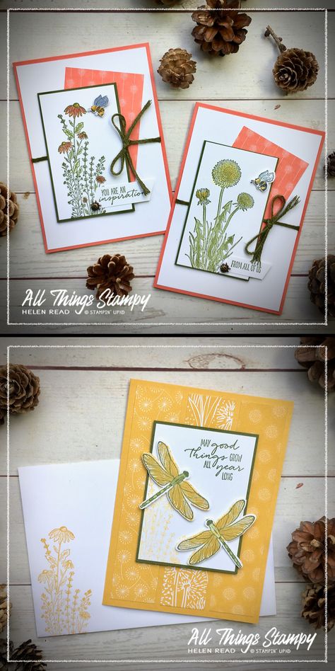 Stampin Up Garden Wishes Cards, Dandy Garden Stampin Up Cards, Dragonfly Garden Stampin Up Cards, Stampin Up Dragonfly Dreams, Dragonfly Stamp, Dandelion Cards, Stampin Up Card Ideas, Butterfly Ideas, Dragonfly Cards