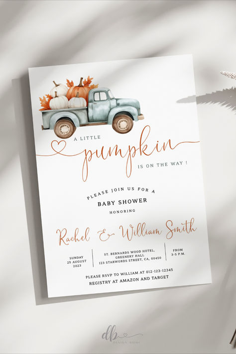 Editable Pumpkin Baby Shower Invitation with a light blue truck and orange pumpkins, perfect for a fall-themed celebration Pumpkin Theme Baby Shower, Rustic Baby Shower Invitations, Fall Baby Shower Invites, Gender Neutral Baby Shower Invitations, Blue Truck, Pumpkin Baby, Printable Baby Shower Invitations, Rustic Baby, Rustic Baby Shower