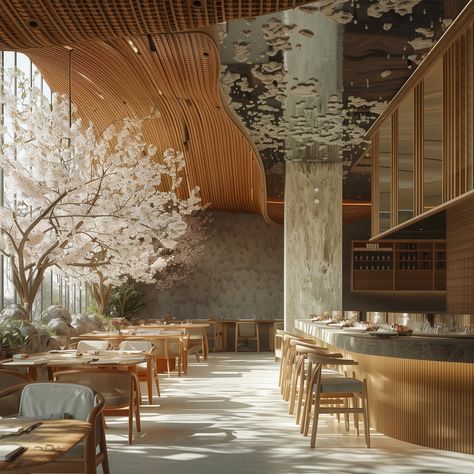 Zen suite meets summer vibes—self care spa day when? 🧘‍♀️🌱 - Eco-Friendly Japandi Style Hotel featuring Organic Architecture and Natural Materials located in the Heart of the Botanical Gardens. Inspired by Kengo Kuma 🎋 - #spadayeveryday #dreamhotel #earthyvibes #selfcaredays #kengokuma #japandidesign #hotelgoals #Organicarchitecture #luxuryspa #selfcareishealthcare #hotelliving #botanicalgarden Japandi Restaurant Interior, Japandi Spa, Japandi Restaurant, Natural Materials Interior Design, Eco Restaurant, Zen Restaurant, Self Care Spa Day, Zen Cafe, Commercial Interior Architecture