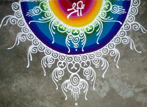 Shree...Amazing... Half Circle Rangoli Designs Diwali, Half Circle Rangoli Designs, Datta Jayanti, Circle Rangoli, Border Kolam, Sanskar Bharti Rangoli Designs, Border Rangoli, Rangoli Designs Photos, Rangoli Designs Simple Diwali