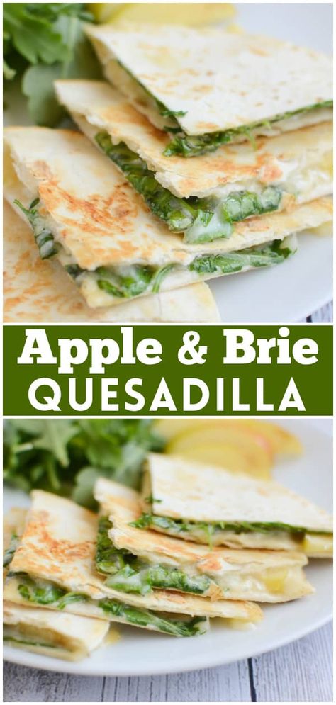 Apple and Brie Quesadillas - easy and delicious meatless meal! Crisp apples with melty brie and peppery arugula.